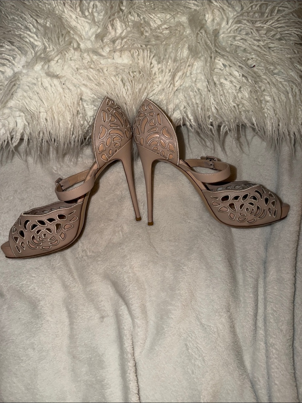 Valentino Garavani Blush Nude Laser-Cut Peep-Toe Heels with Ankle Strap - Picture 2 of 5